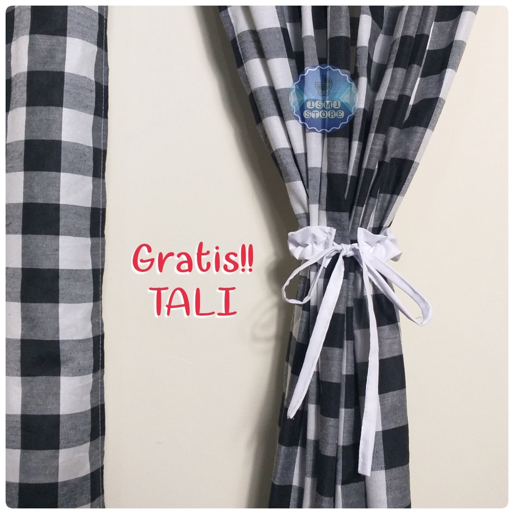 GORDEN PINTU / Tirai JENDELA Minimalis Berhias Poni RENDA RAJUT FREE Tali Motif Kotak Gingham Unik Kekinian Gordeng Jendela by Ismi Store