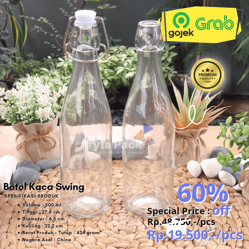 Jual Botol kaca bening 500ml swing lid minuman jus susu kopi minyak ...