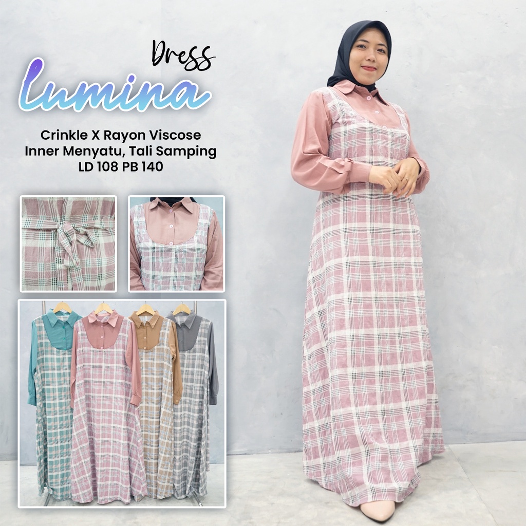 GAMIS CRINKLE MIX RAYON LUMINA DRESS 1398 NEW MOTIF KOTAK Bahan Crinkle kombinasi Rayon DRESS BUSUI 