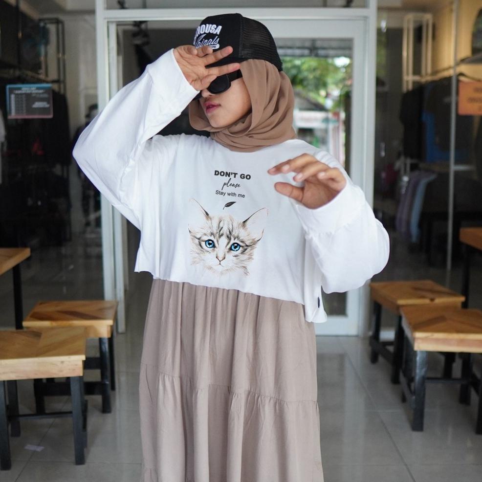 BTR.22De22н ‣ memousa crop top white cat hope white series  Long Sleeve Atasan Crop Wanita