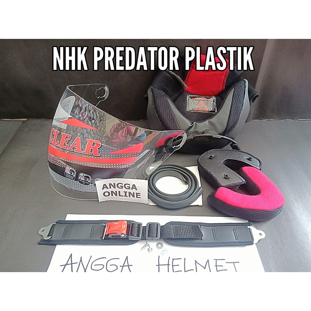 PAKET NHK PREDATOR KANCING PLASTIK, busa helm NHK predator plastik + Kaca HELM + Tali helm + lis kar