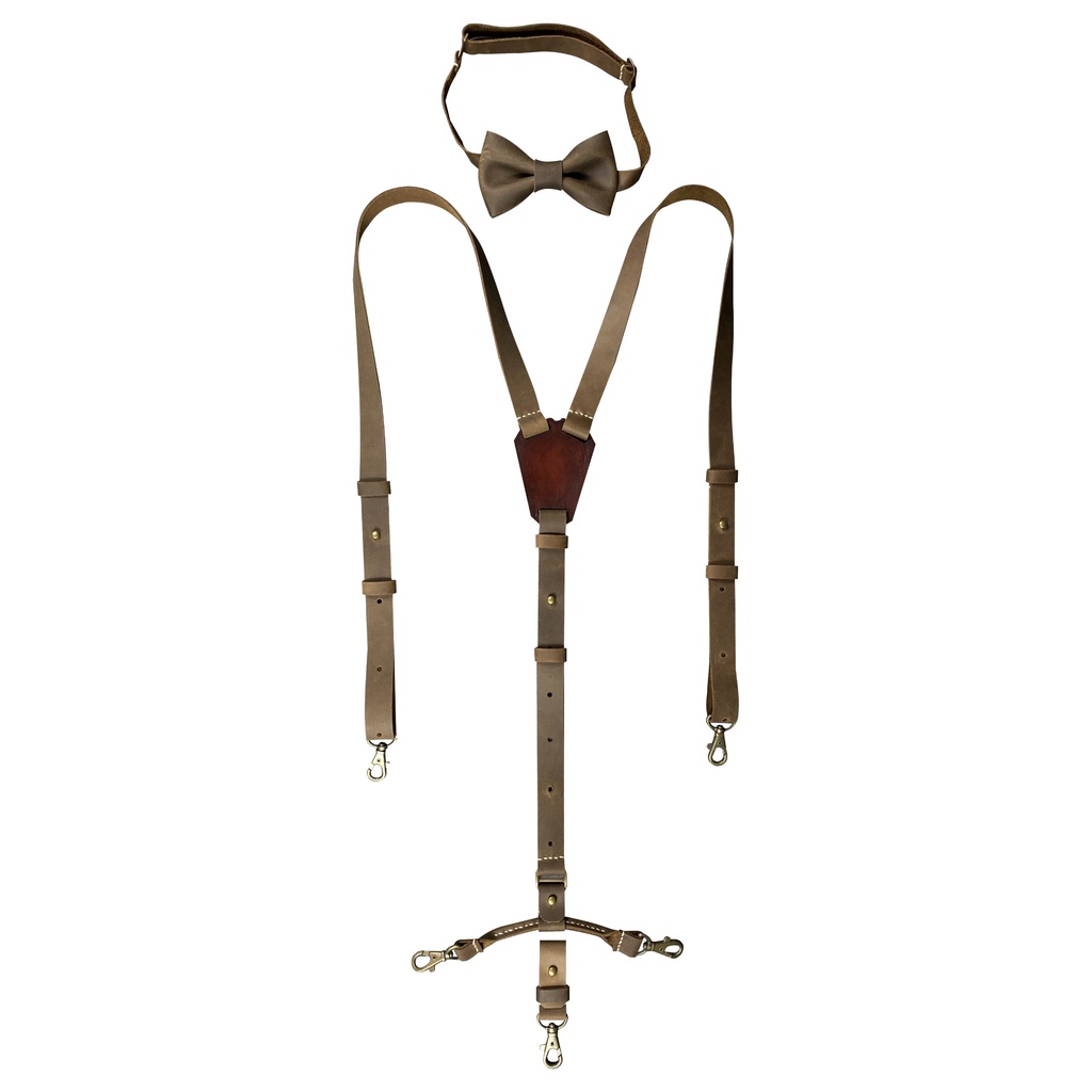 Exclusive 1 set Aksesoris Suspender dan Bowtie Vintage Kulit mewah (LESLEY WOODY)