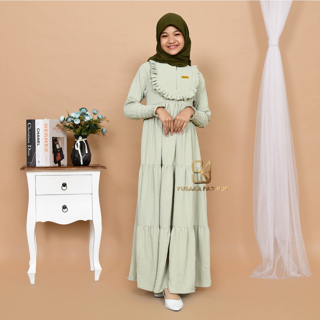 VINA KIDS GAMIS cringkle ANAK perempuan remaja tanggung 9-17 tahun fashion muslim longdress KID girl serut susun modern premium warna putih tulang pink fuchia sage green hitam bata mocca lemon olive broken white gamis putih manasik haji mengaji terbaru