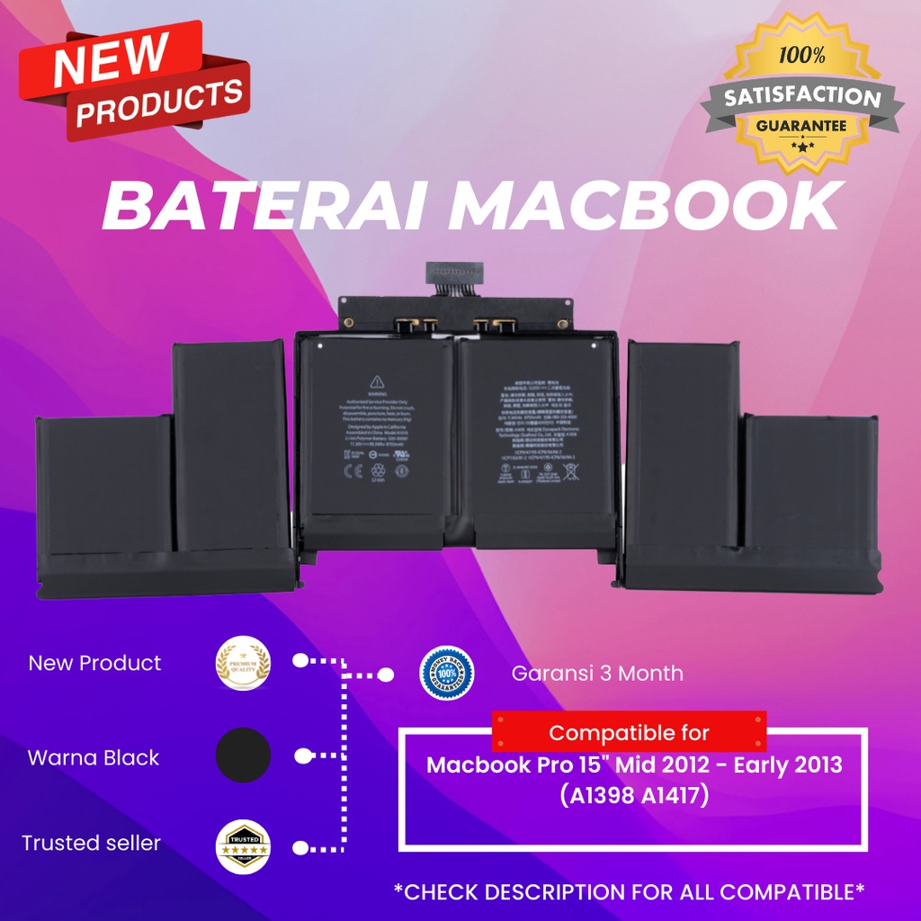 Baterai Laptop APPLE Macbook A1398, A1417 Macbook Pro 15