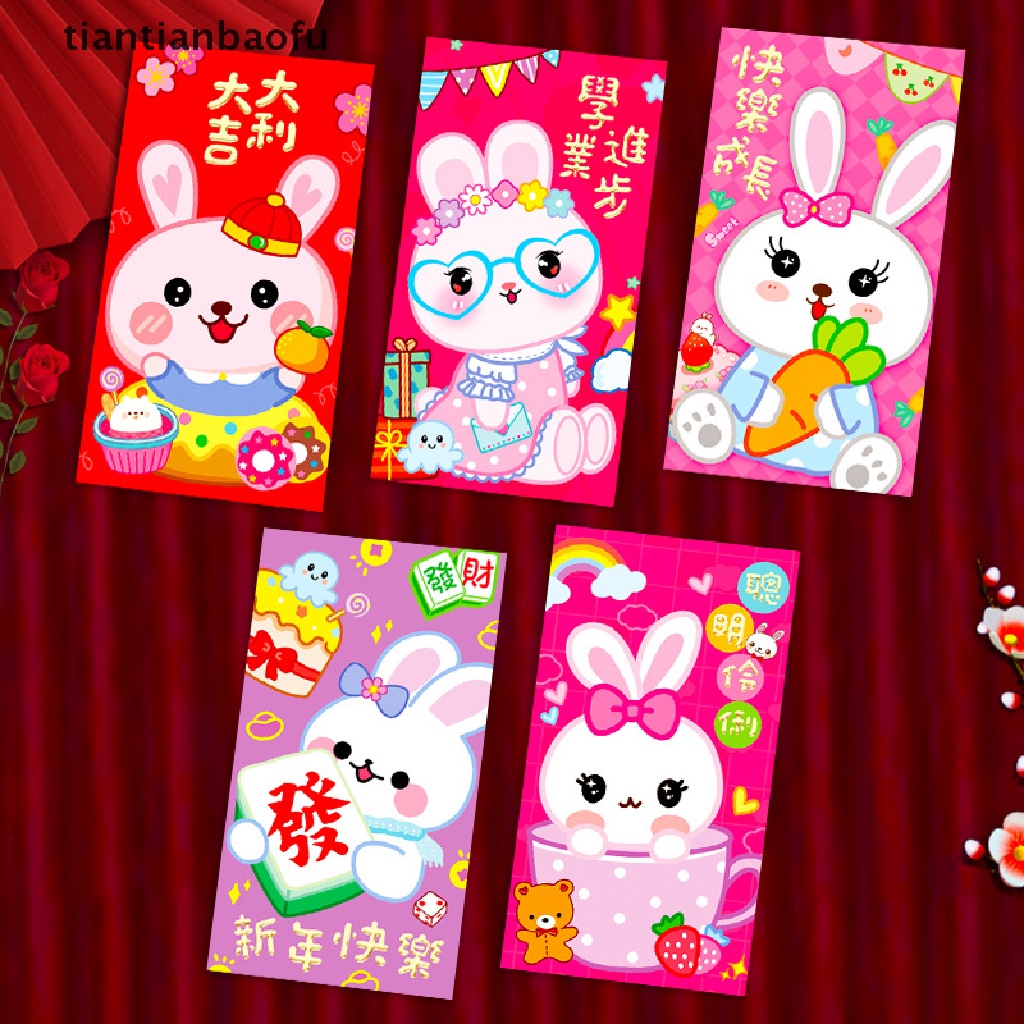 [tiantianbaofu] 5 Pcs 2023tahun Kelinci Imlek Festival Hongbao Amplop Merah Kartun Anak Hadiah Uang Packing Tas Beruntung Merah Packets Bag Butik
