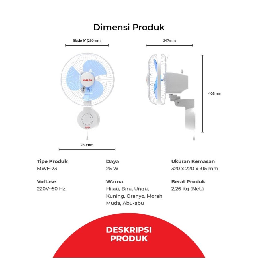 Maspion Wall Fan MWF-23 / MWF-232 Kipas Angin Dinding 9&quot; MWF
