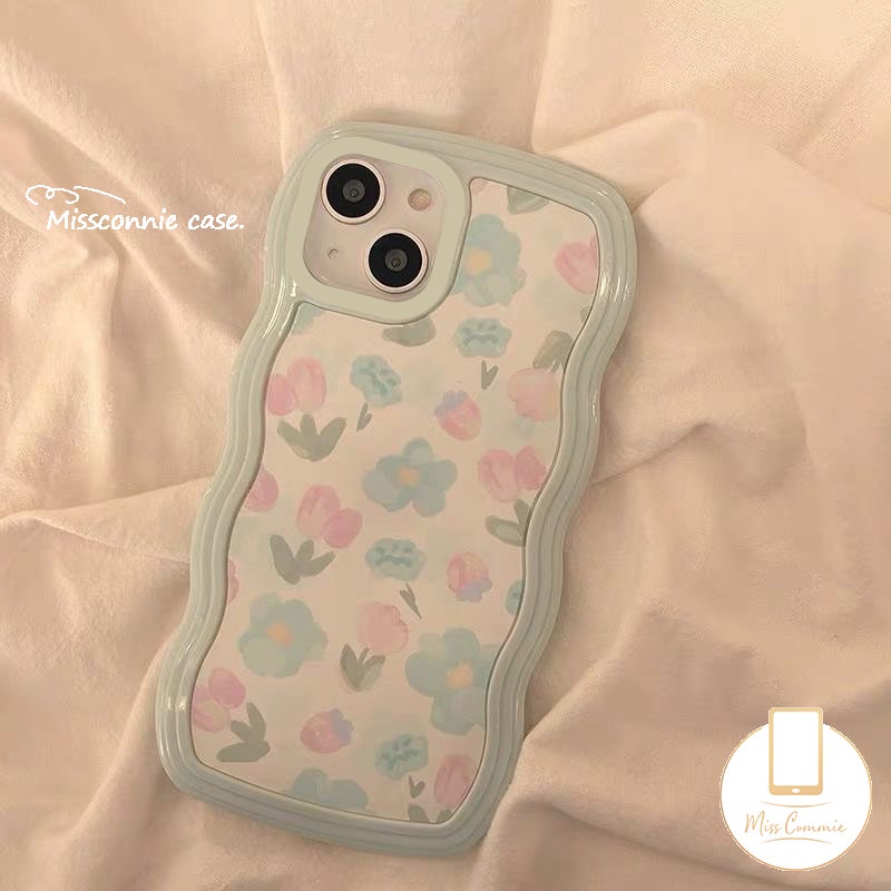 Casing Tepi Gelombang Baru Kompatibel Untuk iPhone 11 Pro MAX 7Plus 8Plus XR 6s 6 7 8 Plus 12 13 14 Pro MAX 14 Plus X XS MAX SE 2020segar Cat Air Biru Ungu Bunga Sarung Silikon Lembut