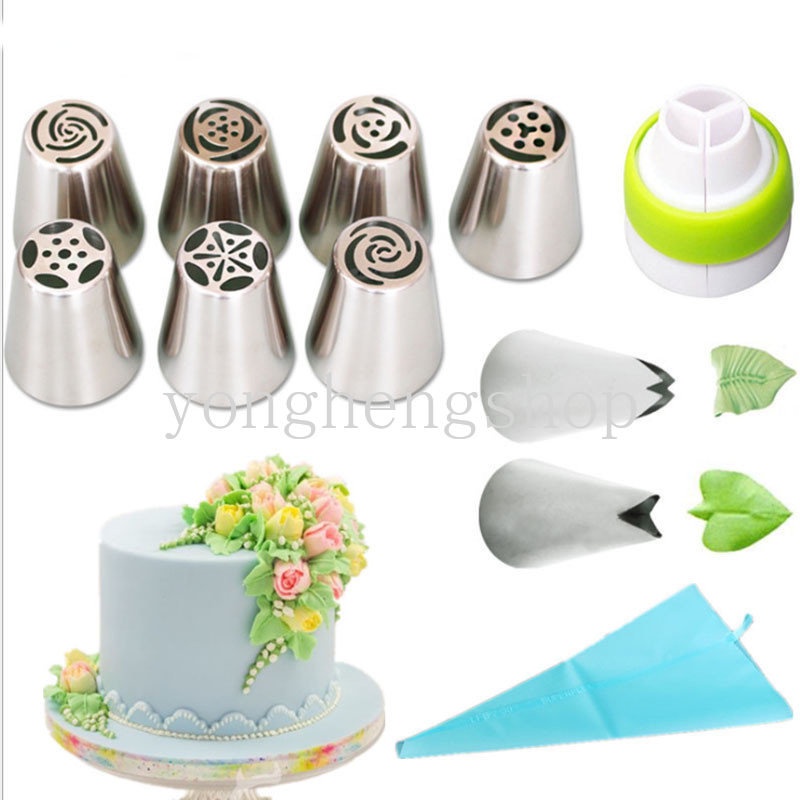 7/13pcs Stainless Steel Rusia Icing Piping Tips Set Tulip Cream Pastry Nozel Converters DIY Alat Dekorasi Kue Dapur Baking Gadget