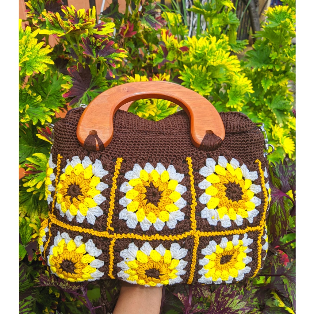 Tas Rajut Granny Motif Bunga Matahari Handmade Handbag Rajut Bunga Matahari