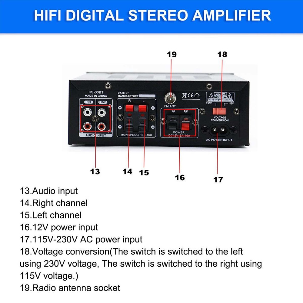 CLAITE Bluetooth EQ Audio Amplifier Karaoke Home Theater FM Radio 1000W - KS-33BT