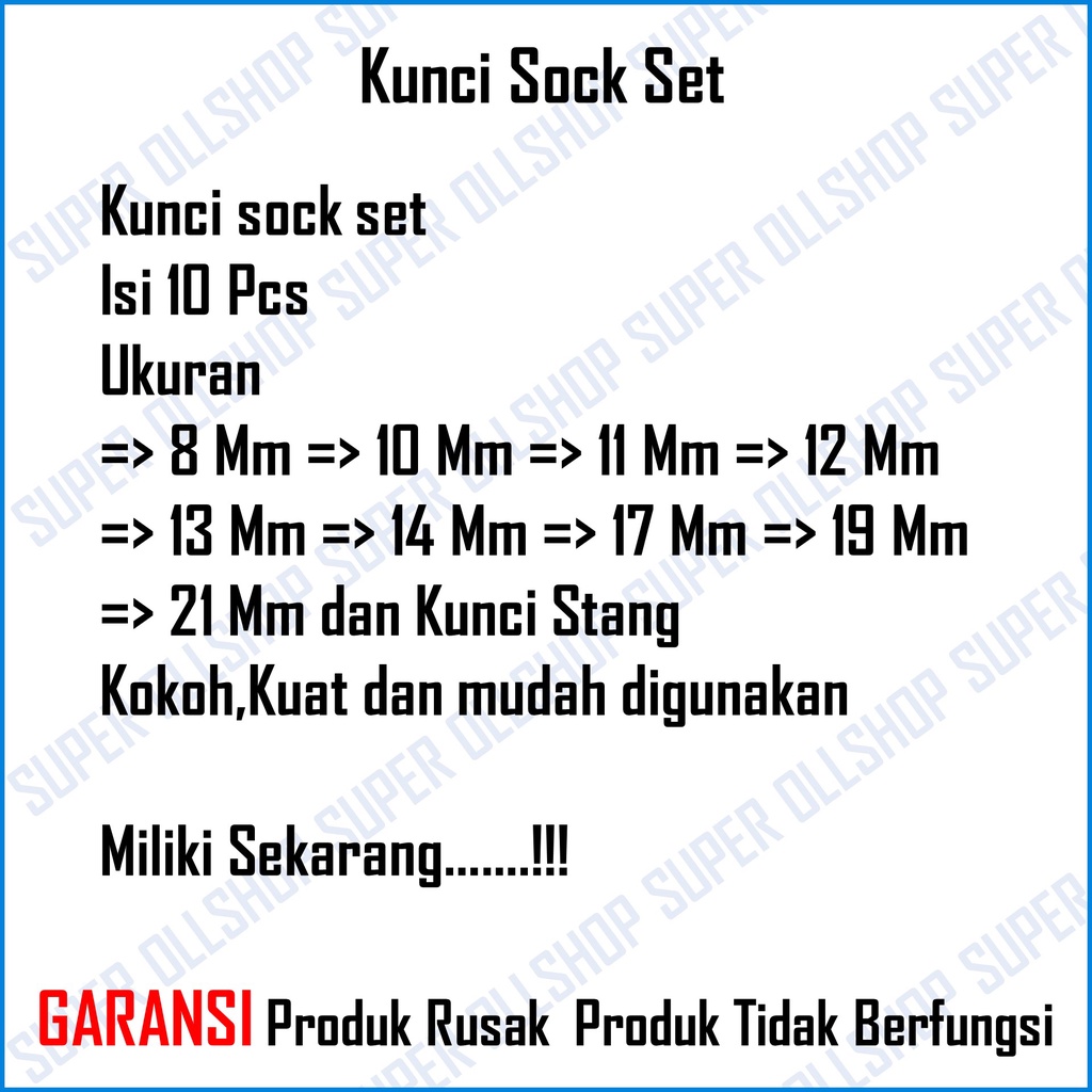 Kunci Sock Sok Set 10 Pcs / Kunci Shock Sock Hand Socket Sok Set 10 Pcs 8-21 MM Murah