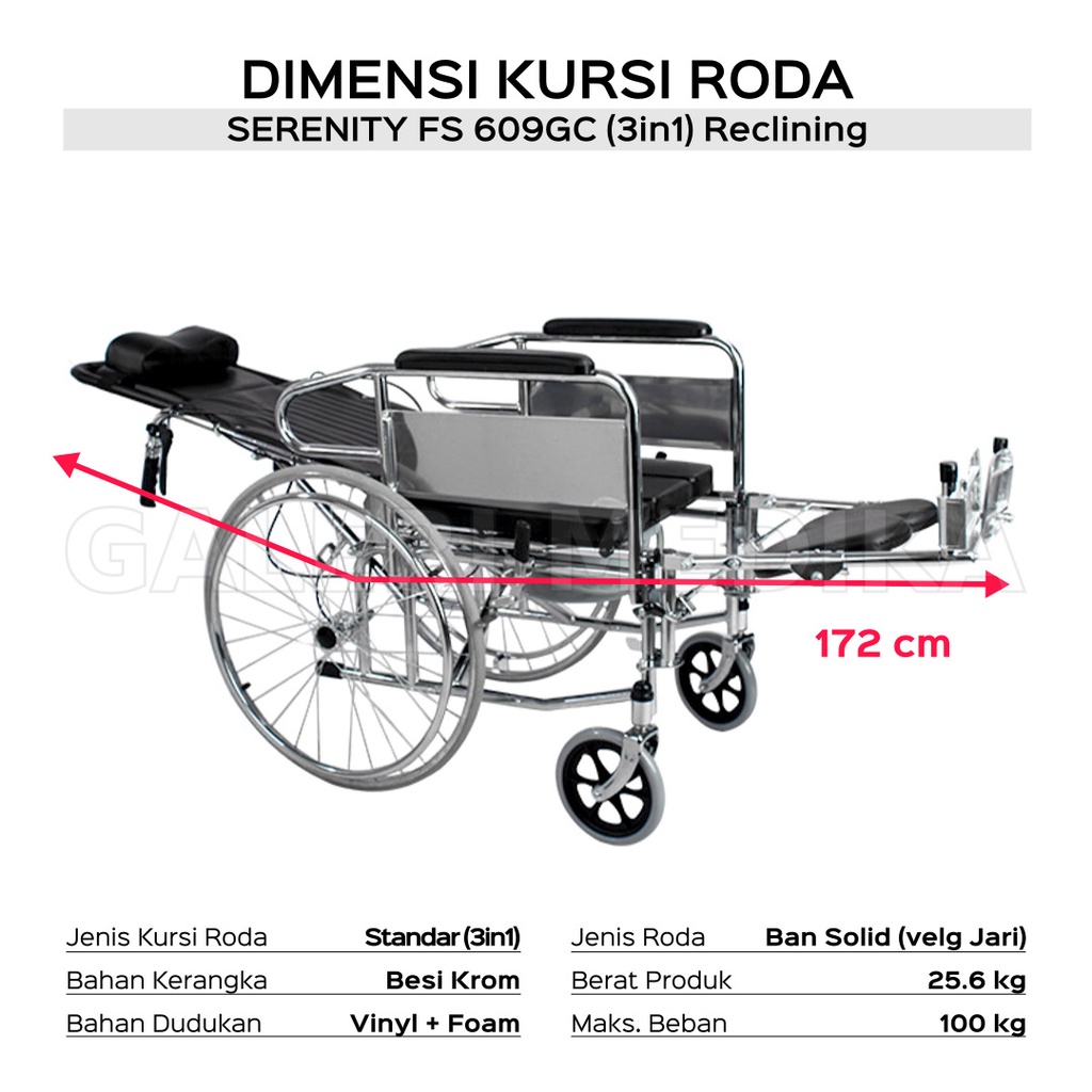 Kursi Roda 3 in 1 / Kursi Roda Multifungsi 3in1 Serenity 609 GCU Bisa BAB, Rebahan, Selonjoran, Duduk Santai