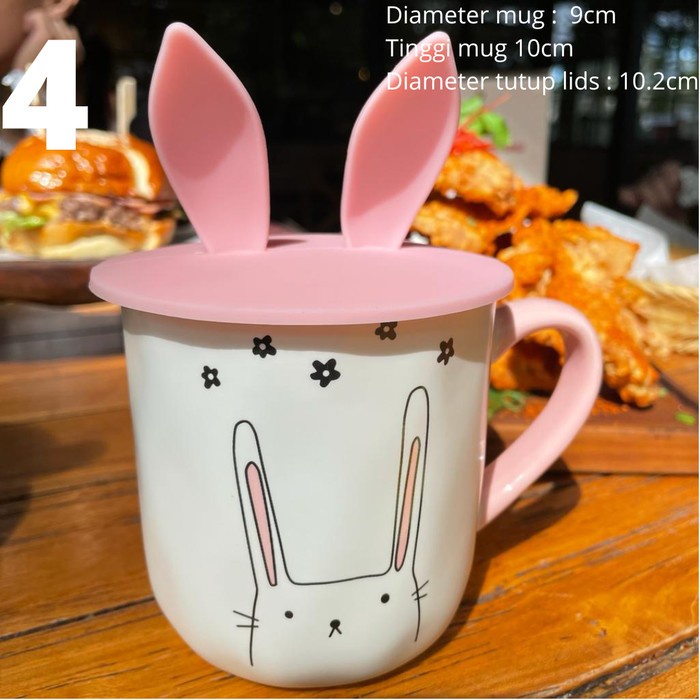 

MUG KERAMIK RABBIT KELINCI GELAS MINUM AIR KOPI TEH SILICONE LID