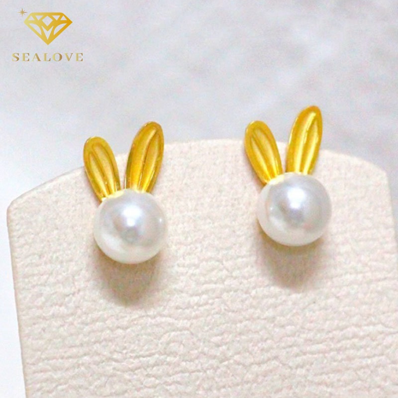 Anting-anting titanium anti karat, kelinci mutiara lucu, aksesoris Korea yang elegan