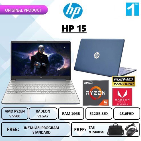 Jual LAPTOP HP 15 RYZEN 5 5500 RAM 16GB SSD 512GB 15.6" FHD VGA VEGA7