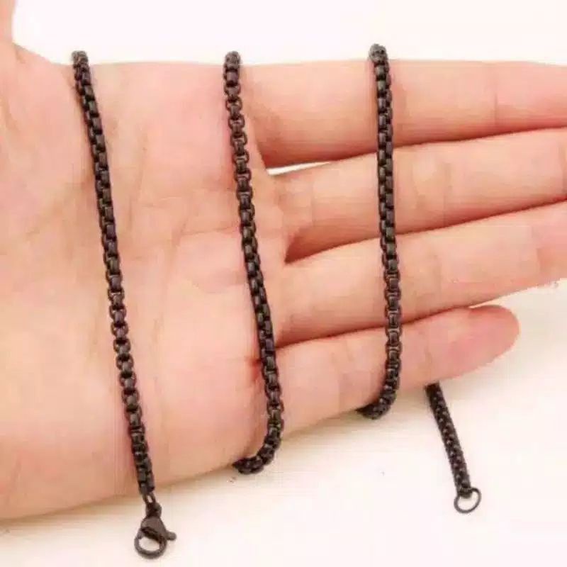 Kalung Titanium Asli Hitam Pria Anti Karat Anti Luntur Premium Kotak Gepeng Holo Tambang Terbaru
