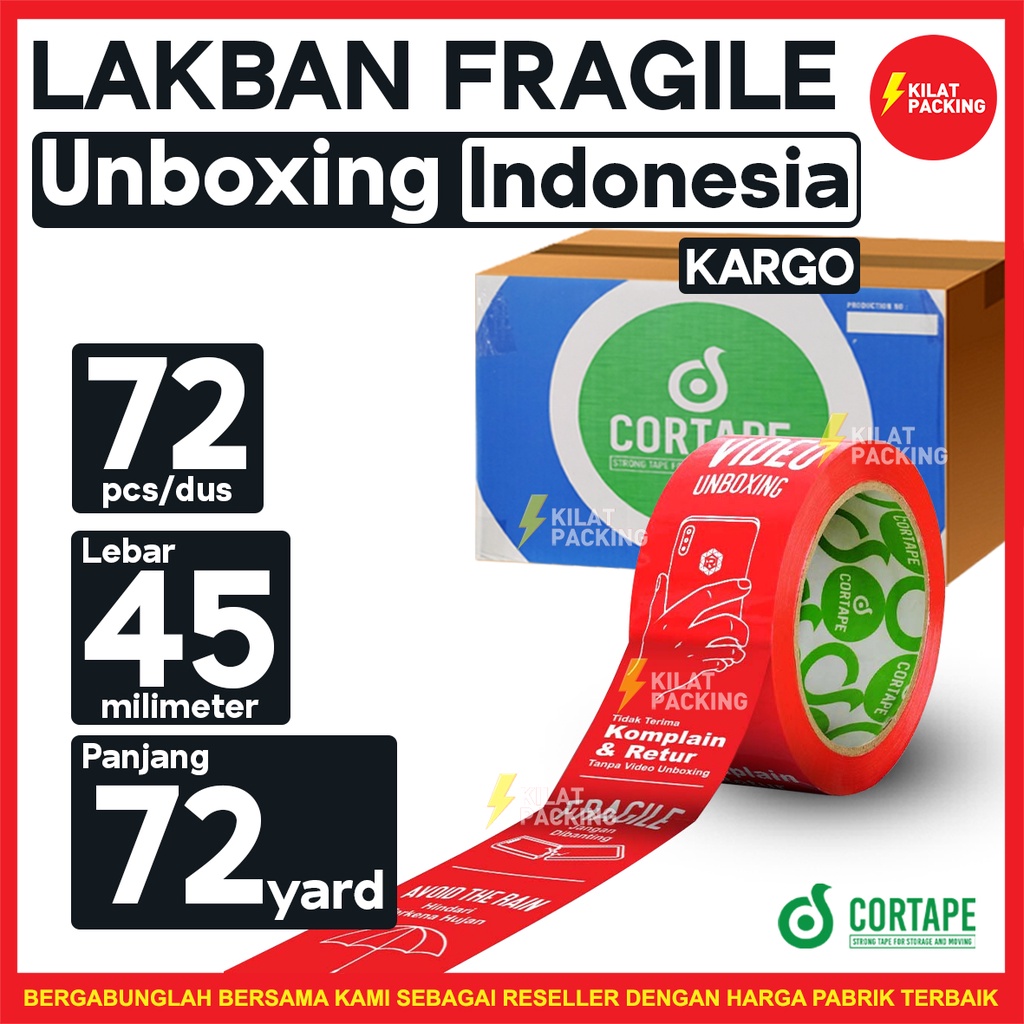 

Lakban / Isolasi / Selotip Fragile with Video Unboxing Bahasa Indonesia - 45 mm x 72 yard Murah /DUS