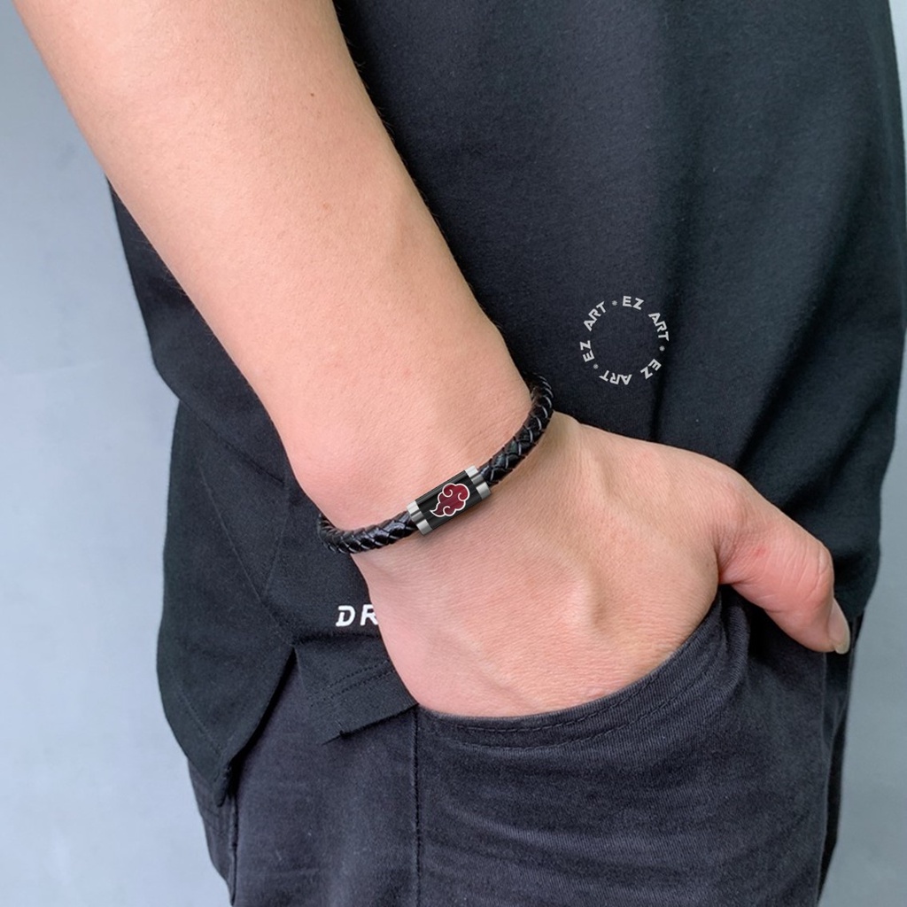 GELANG SIMPLE ANIME NARUTO LOGO AKATSUKI SHARINGAN RINEGAN TALI KULIT KEPANG GAMBAR KACA EPOXY TABUNG STAINLESS STEEL