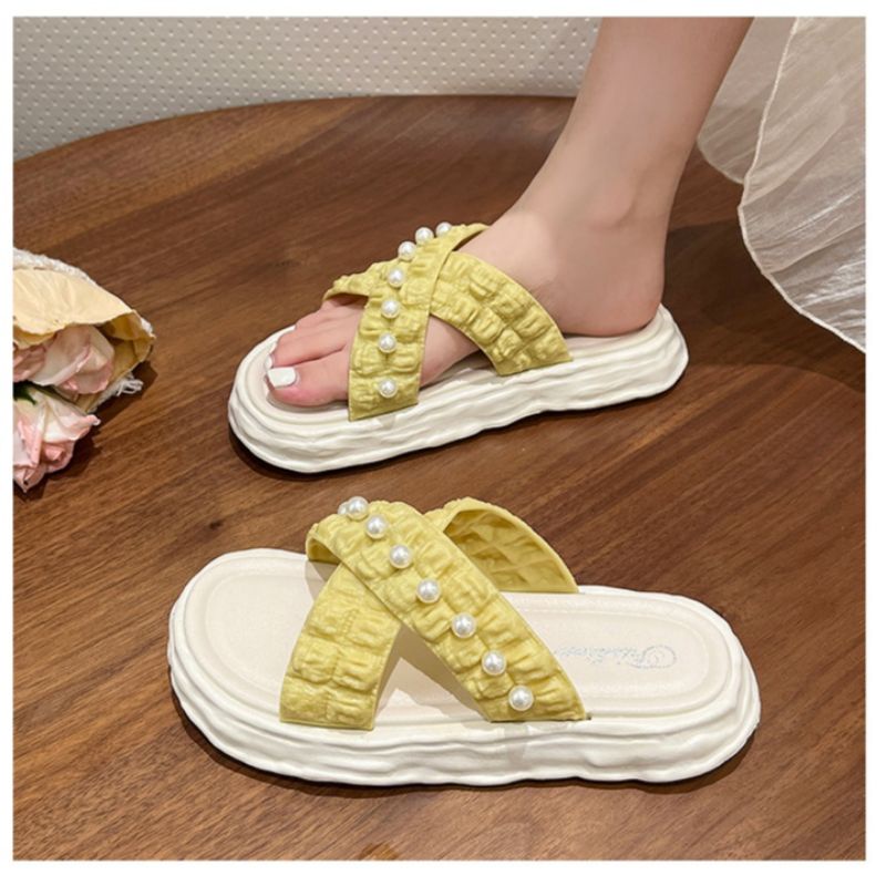 Sandal Wedges Wanita Platform Slop Cindy Silang Jelly karet Mutiara 000