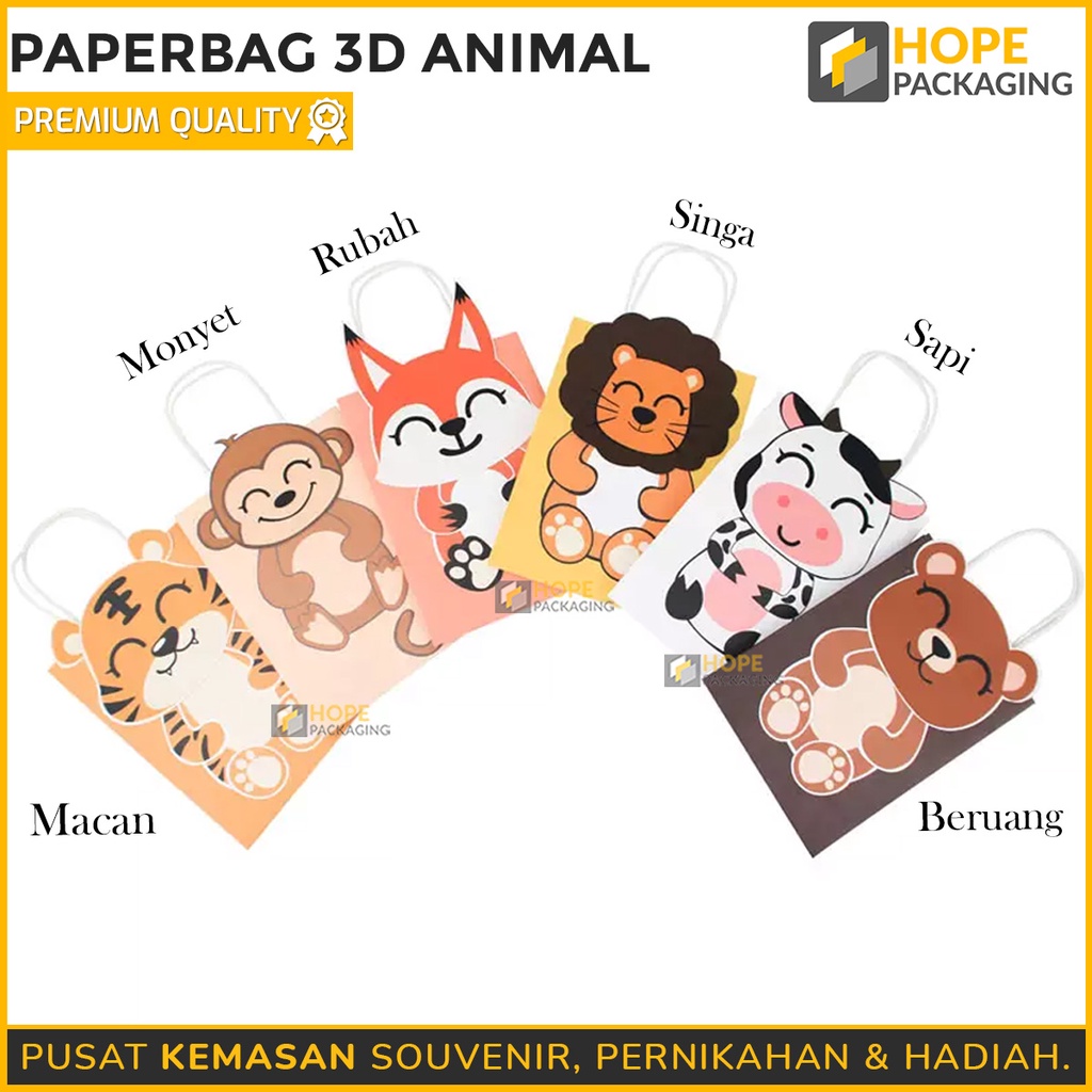 Paperbag 3D Motif Animal Kado / Hadiah Ulang Tahun / kantong snack kue souvenir ultah paper bag gift anak karakter hewan lucu