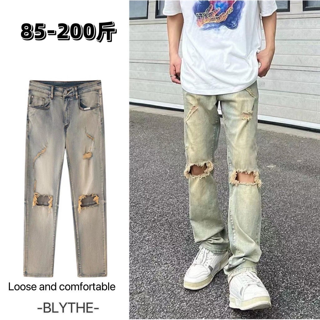 American High Street Lutut Celana Jeans Robek Pria Dicuci Tertekan Longgar Lurus Hip Hop Celana