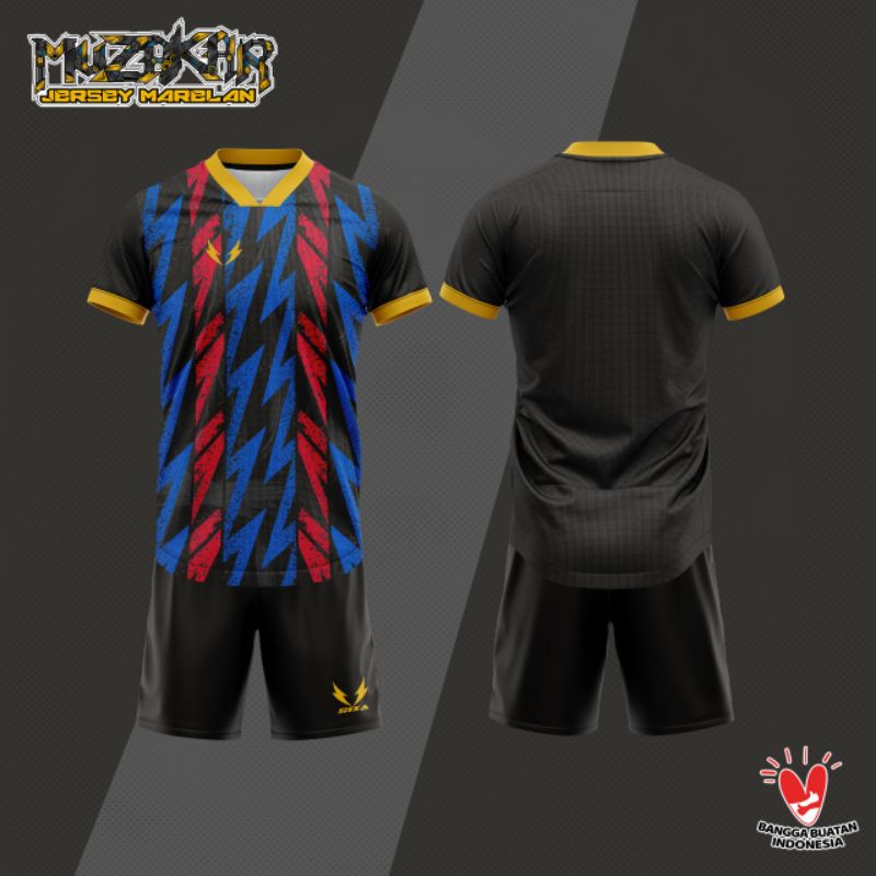 SIXA Baju Futsal Setelan Stelan Jersey Bola Hitam Biru Merah, Bisa Sablon