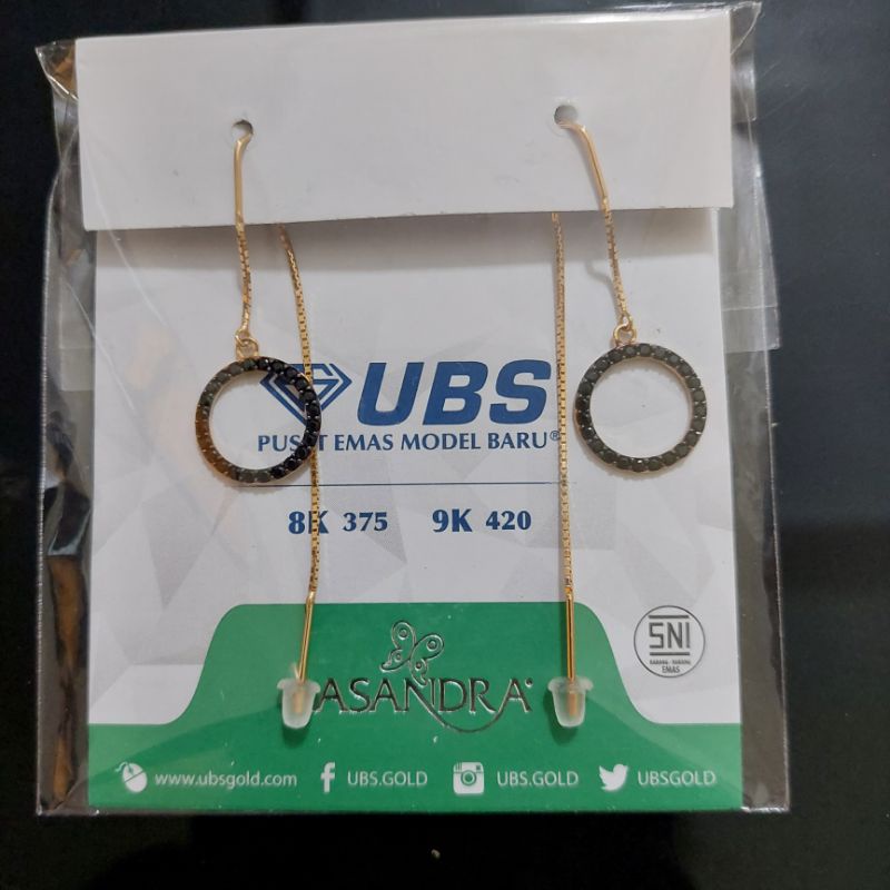 Anting panjang bulat love lubang mata kuning dan putih UBS kadar 375 8K