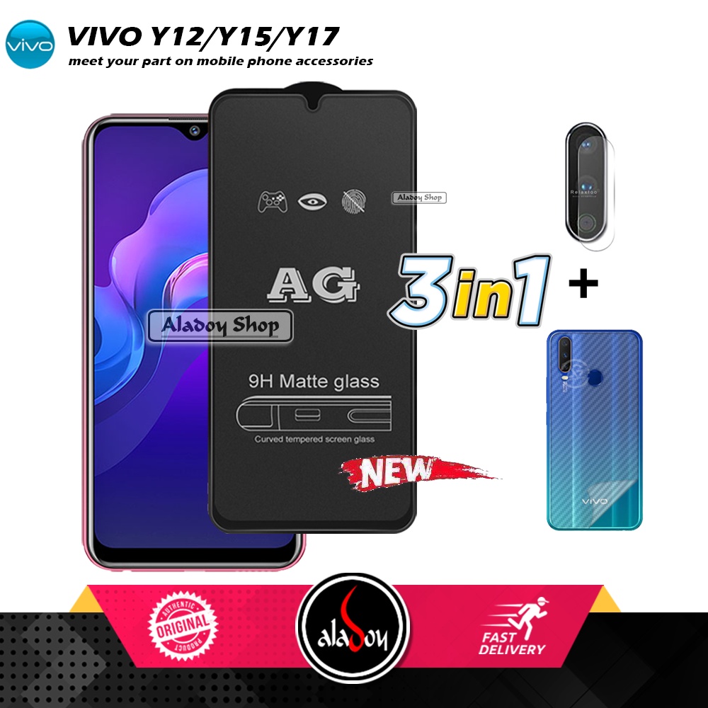 Paket 3IN1 Tempered Glass Layar Matte Anti Glare VIVO Y12/Y15/Y17 Free Tempered Glass Camera dan Skin Carbon