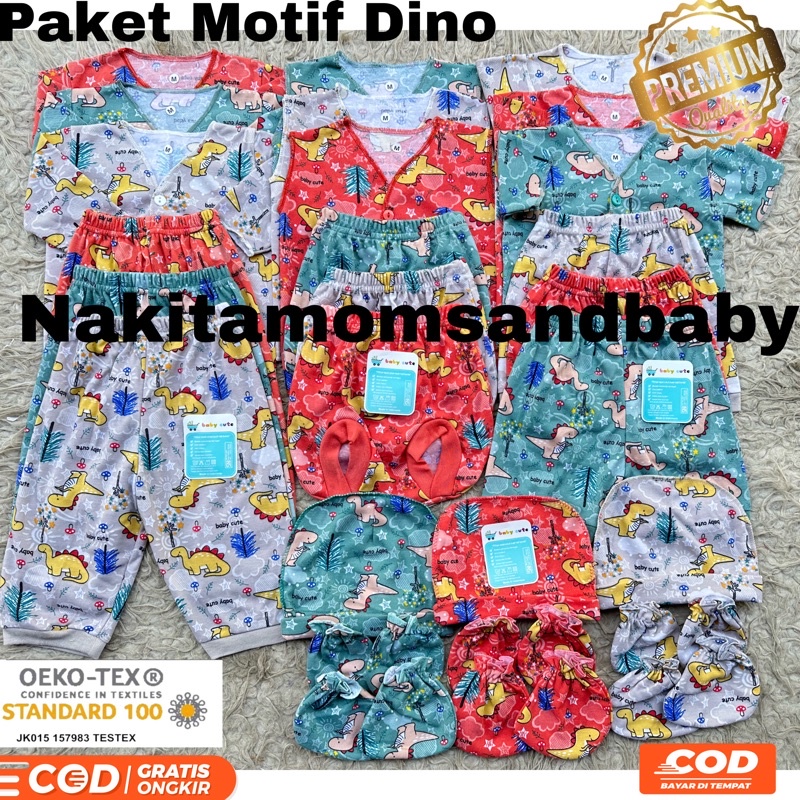 24pcs Paket Lahiran Perlengkapan Baju celana bayi kado Newborn,3-6 dan 6-12 bulan  Motif Dino netral topi singlet sarung tangan bayi SNI Promo 9.9