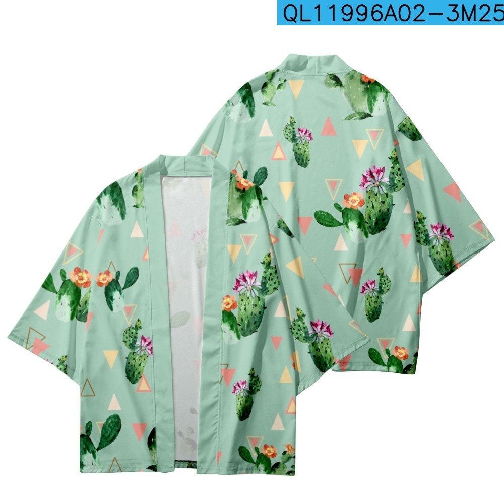 baju Cactus Flower Printed Loose Japanese Kimono Streetwear Cardigan Robe Summer Women Men Haori Top Yukata bisa custom desain