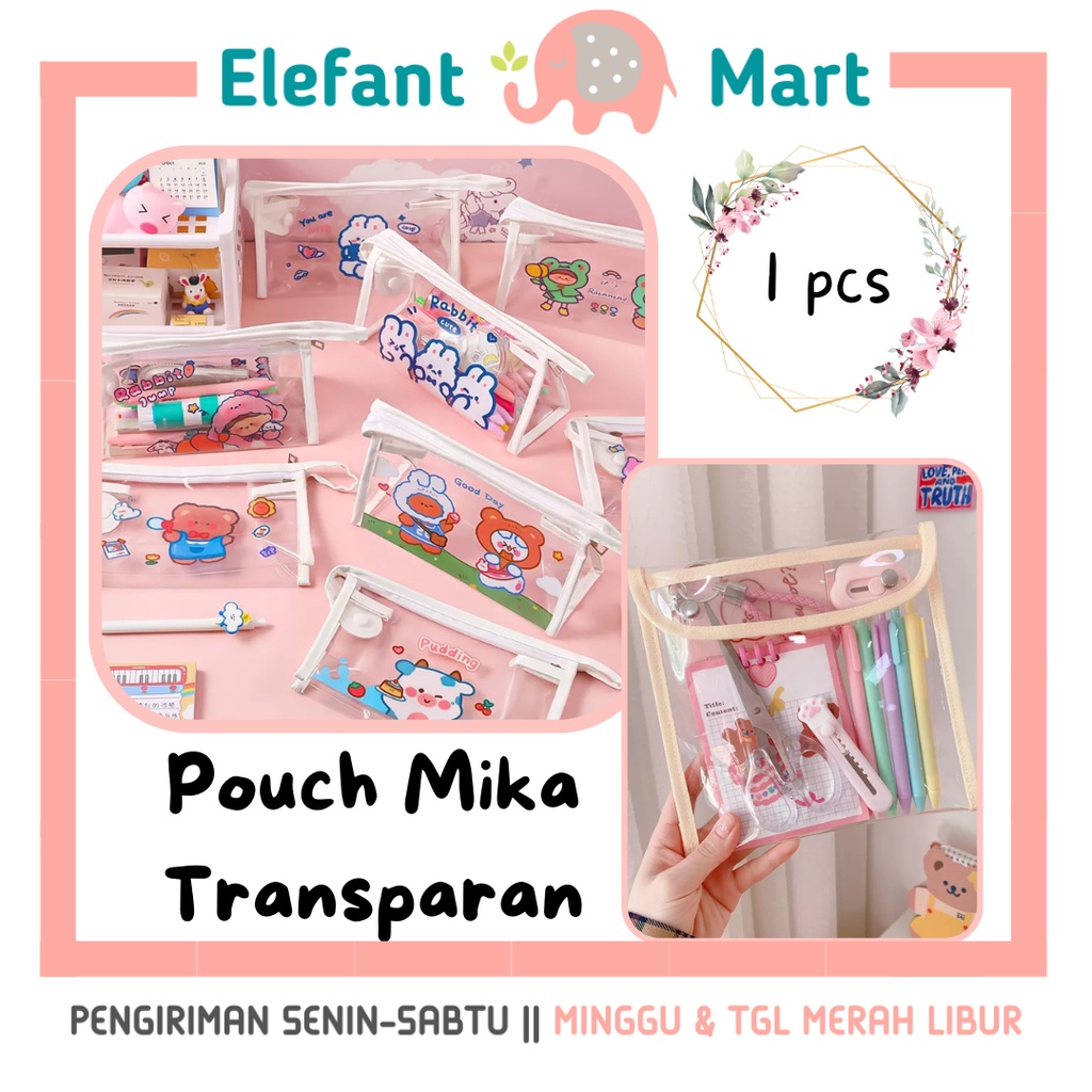

ELEFANT MART - Tempat Pensil Transparan Pouch Mika Dompet Make Up Tempat Pensil Alat Tulis Kosmetik Makeup Skincare Organizer Travel Pouch Serbaguna Resleting Kancing