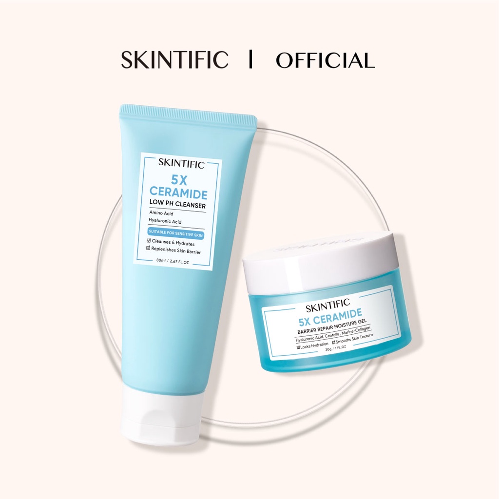 SKINTIFIC 2pcs Set | 5X Ceramide Low pH Cleanser 80g Facial Wash Sabun Cuci Muka Pembersih + 5% Ceramide Barrier Repair Moisture Gel 30g Pelembab Wajah