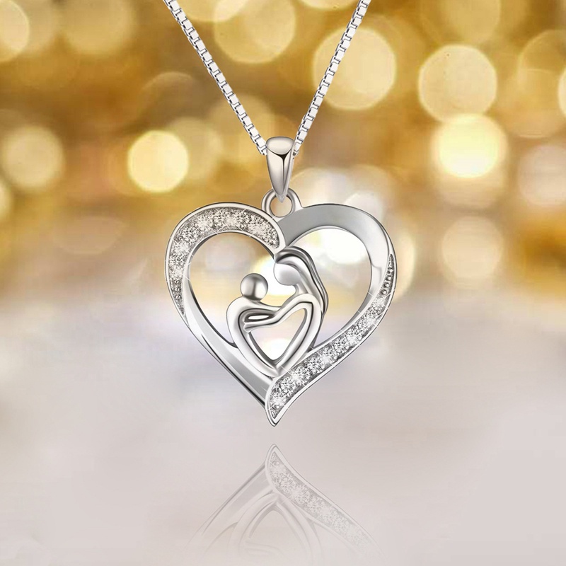 Ibu Memegang Anak Sterling Silver Ibu-Ibu Cinta Hati Cubic Zirconia Pendant Women Necklace