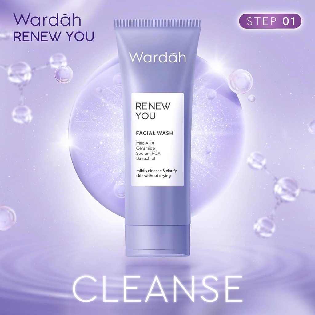 WARDAH Renew You Facial Wash Indonesia / Pembersih Wajah 100ml / Mild AHA Ceramide Sodium PCA Bakuchiol / Mildy Cleanse &amp; Clarify Skin Without Drying / Skincare Face Care / Cleanser Cleansing Sabun Bersih Cuci Muka / Re New Series Anti Aging Penuaan Dini