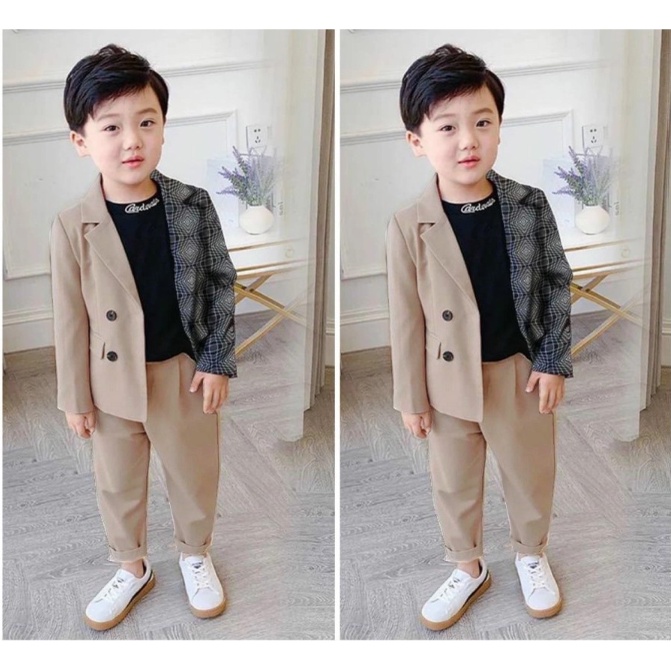 Baju Setelan Anak Blazer Korea Umur 4 5 6 Tahun Terbaru 2022 Set 3in1 Jazz Jas Anak Laki laki Bahan Katun Pesta Ultah Model Kekinian Formal Motif Kotak Set Baju Kasual Kids Semi Formal