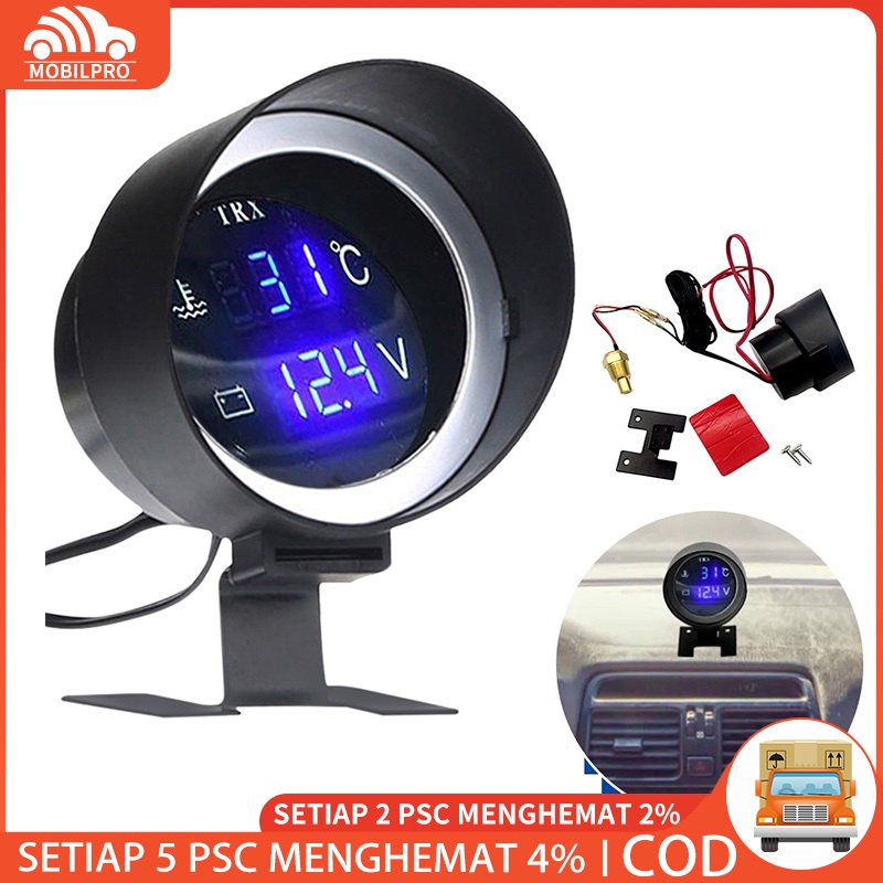 2 In 1 Sensor Suhu Air Digital Led Bentuk Bulat 2 In 1 Tegangan Volt Meter 12.0v 24v Untuk Mobil Truk