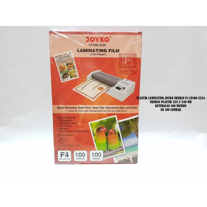 

PLASTIK LAMINATING JOYKO UKURAN F4 100 MICRON ISI 100 LEMBAR