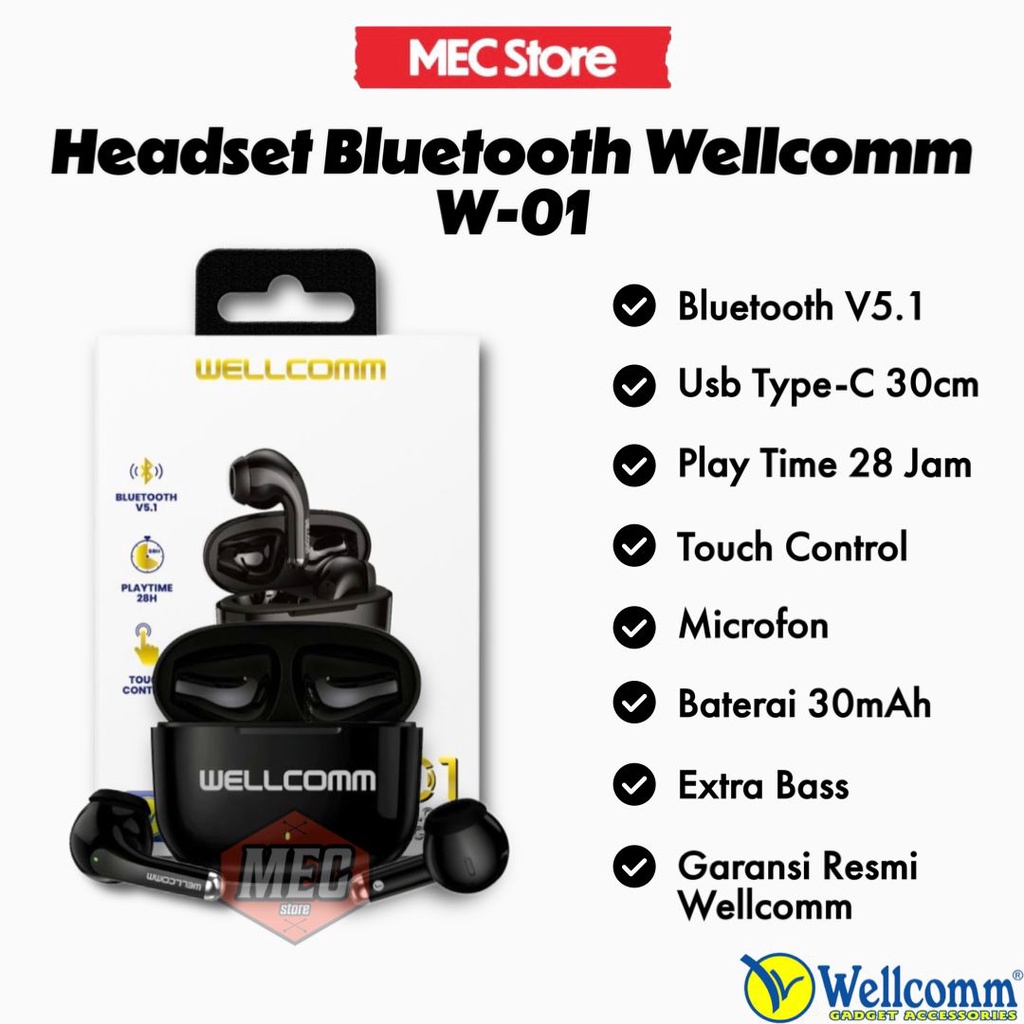 Headset Bluetooth Wellcomm W-001 TWS Earphone Extra Bass Original