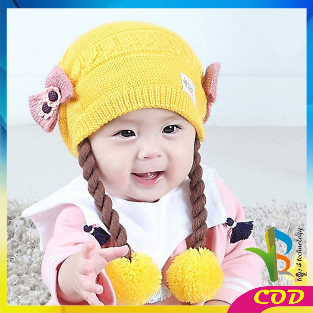 RB-P19-21 Topi Anak Perempuan Rambut Kepang / Topi Bayi Kupluk Rajut Imut Lucu / Baby Hat Wig Impor