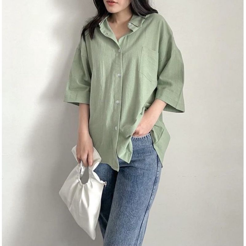 Kemeja Wanita Oversize Linen / Olivia Shirt / Mjon Linen Kemeja Wanita / Atasan Wanita Single Pocket / Kemeja Oversize Ld 120