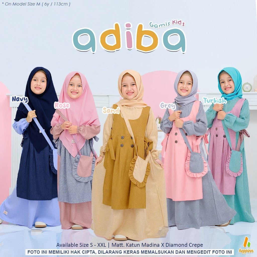 Heppinn-Adiba Gamis Kids Bahan Katun Madinah Warna Navy-Grey-Rose-Sand-Turkish Set Hijab Tas Selempang Polos Simpel Daily Tali Pinggang