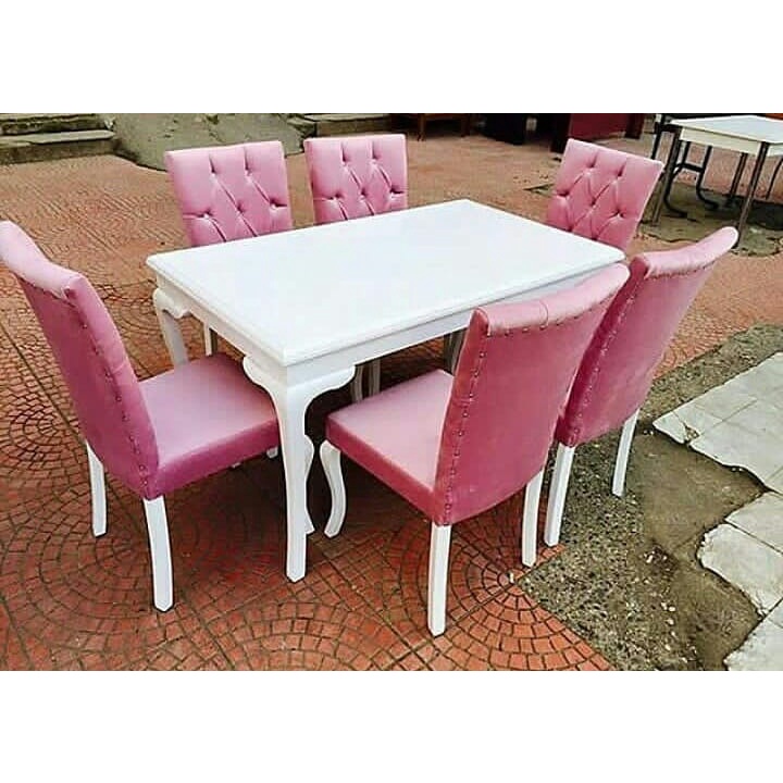 Set Kursi Makan 6 Kursi Furniture desain Vintage Moden Rangka Kayu Mahoni