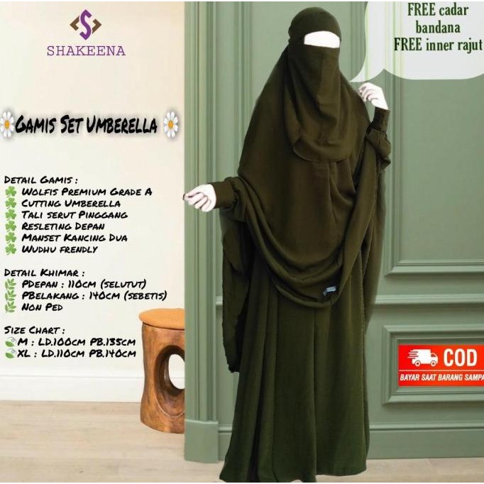 Gamis sunnah set syari Wolfis free cadar bandana