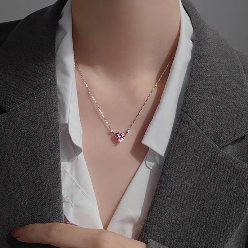 Pandora Kalung925 Perak Pink Cubic Zirconia Berlian Hati Liontin Kalung Wanita Fashion Perhiasan Aksesoris