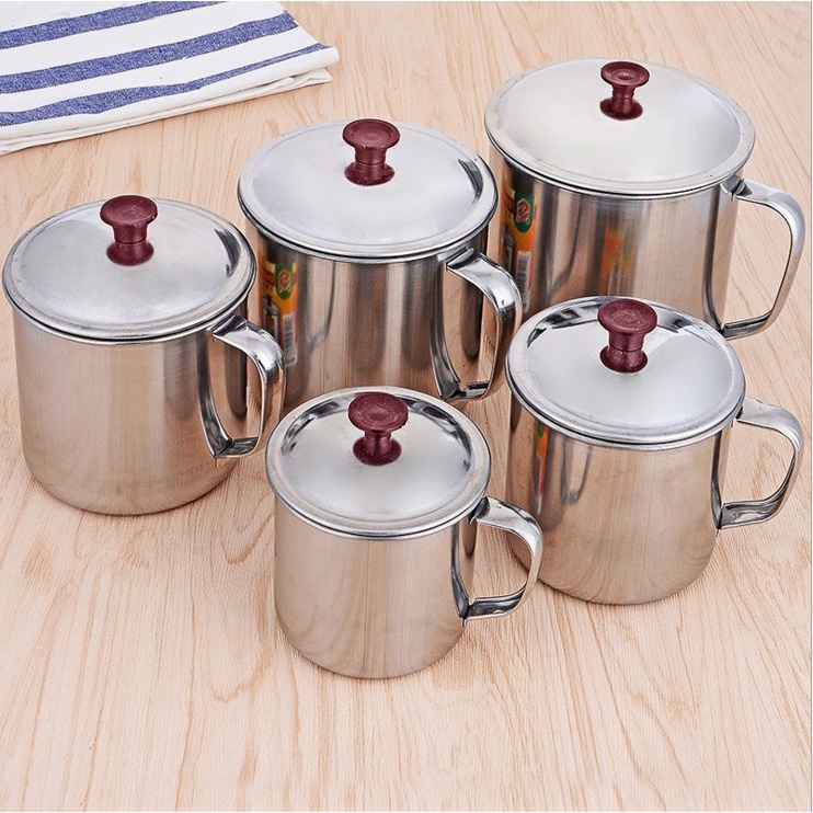 Gelas Stainless Steel Tutup Tempat Minum Mug 8cm 9cm 10cm 11cm 12cm