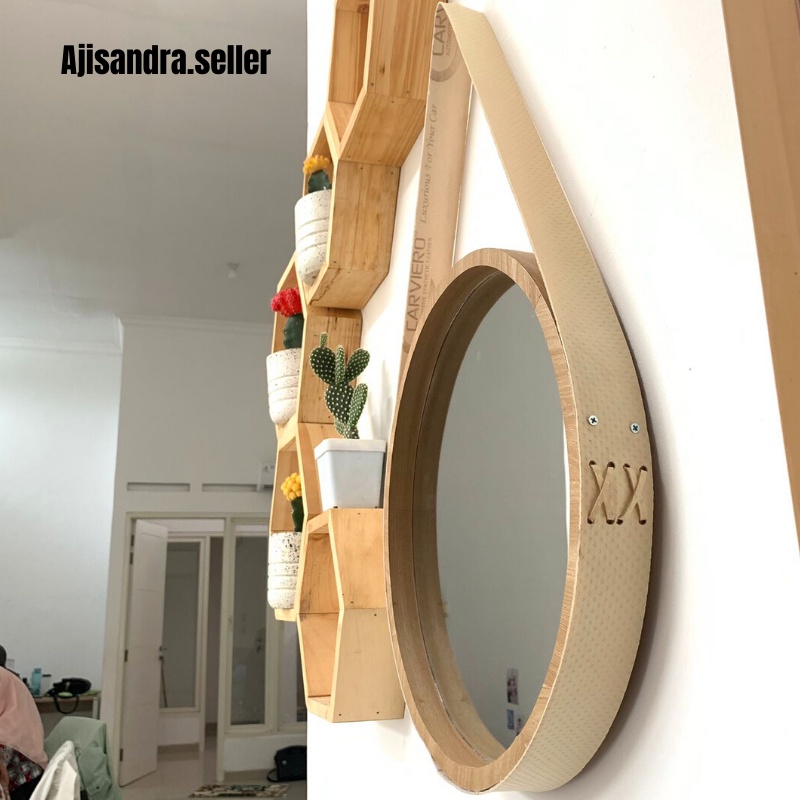 Cermin Gantung Dinding Aesthetic Bundar Bulet Bulat Frame Tebal Perlengkapan Dekorasi Dinding Kamar Tidur Cewek Ruang Tamu Toilet Mandi Rumah Motif Kayu Aestetik Estetik Vintage Diameter 35CM Lengkap Tali Kantungan Kulit Sintetis Sabuk Hanging Miror