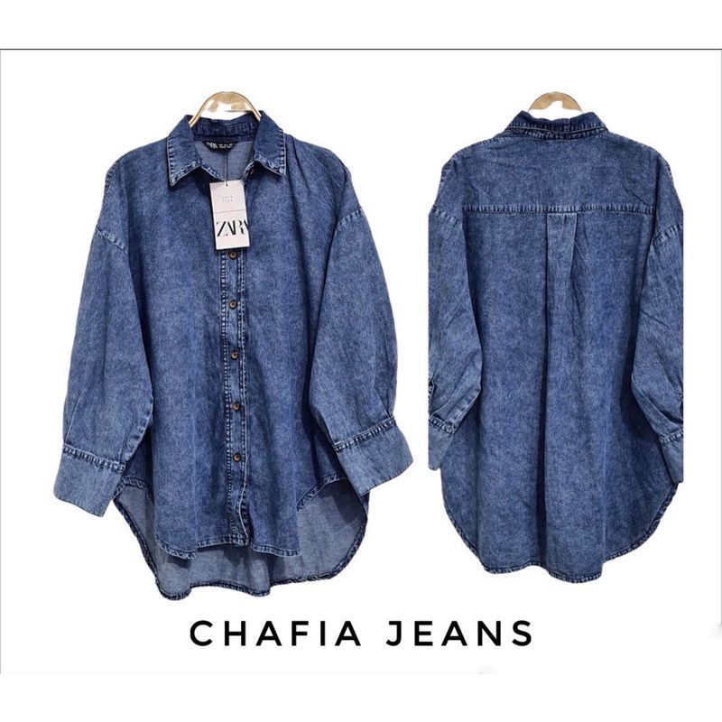 Chafia Shirt Jeans / Jena Chafia Shirt / Kemeja Oversize / Atasan Kemeja Rayon Import / Atasan Rayon Motif Terlaris /Blouse Import