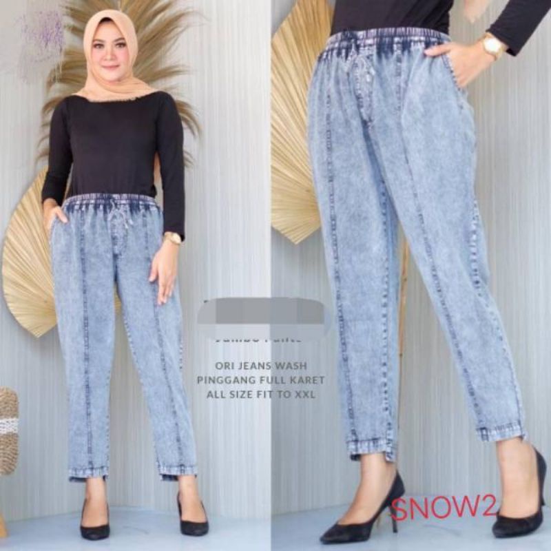 Celana boyfriend wanita snow blue black / Celana jeans snow wanita / Baggy jeans wanita snow