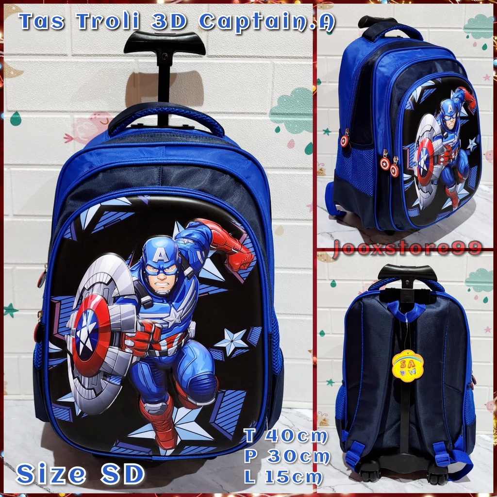 Tas Sekolah Troli Anak SD Motif Mermaid Unicorn Frozen Superhero Timbul 3D Tas Import Trolley Anak Perempuan dan Laki-Laki Tas Dorong Anak Koper Sekolah