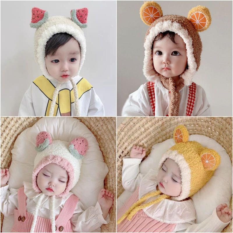 TK07 Topi Kupluk Rajut Fleece hangat Pom Buah bayi Import